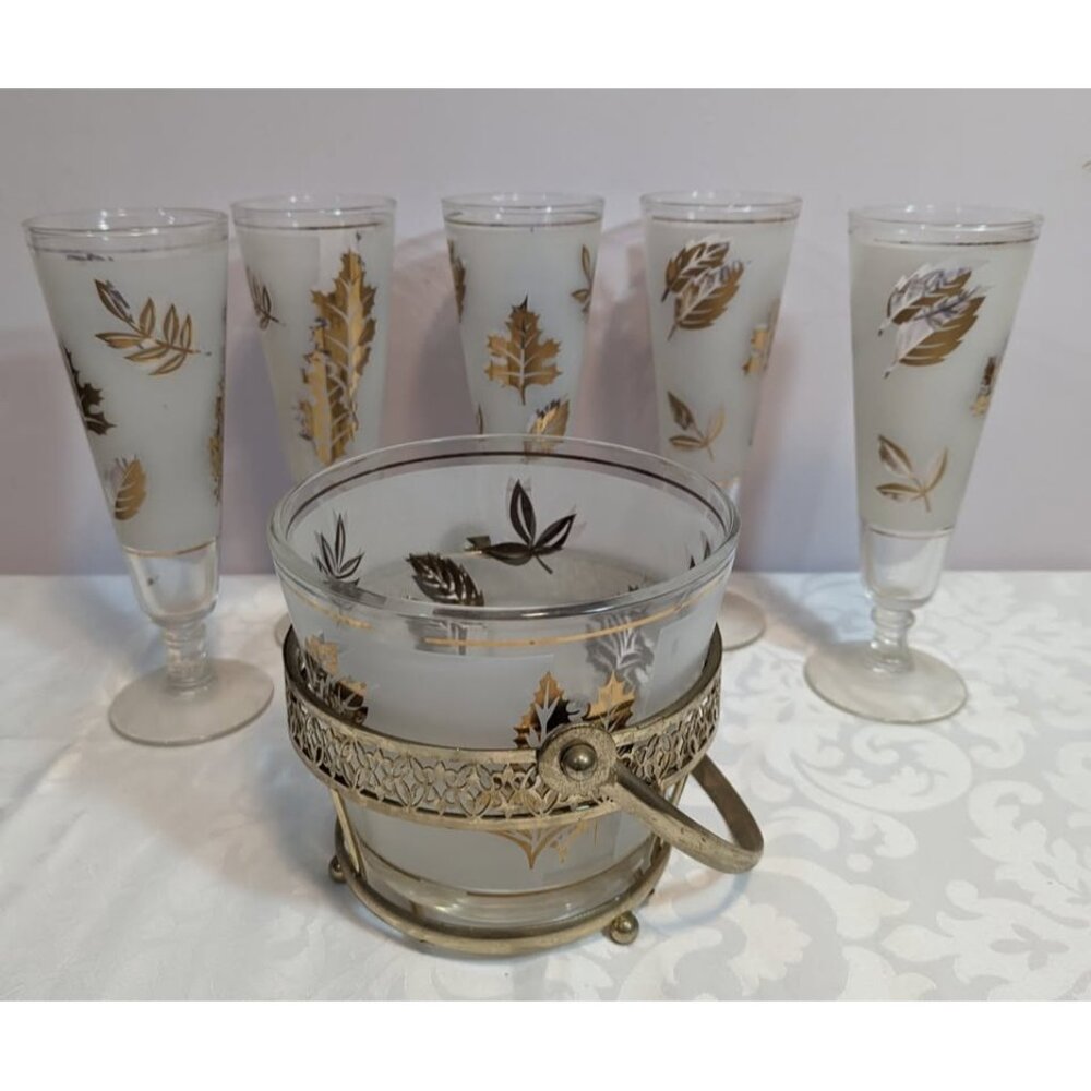 Libbey Pilsner Glasses & Ice Bucket - Frosted With Golden Leaves - Set of 5